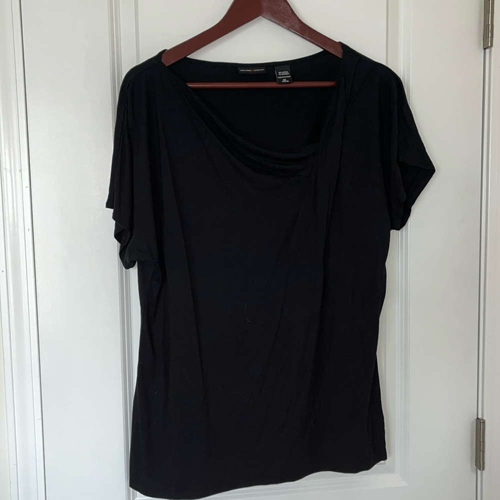 New York & Company Asymmetrical Neckline Black T-shirt